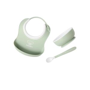image:imageBabyBjrn Baby Feeding Set 3 pcs Powder Green  Includes Baby Plate Baby Fork Baby Spoon and Baby Cup  Dishwasher Safe  Toddler Feeding Set for selfFeeding or Babyled weaningPowder Green