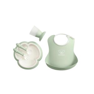 image:imageBabyBjrn Baby Dinner Set 5 pc Gray  Includes Baby Bib Baby Plate Baby Fork Baby Spoon and Baby Cup  Dishwasher Safe  Toddler Feeding Set for selfFeeding or Babyled weaningPowder green